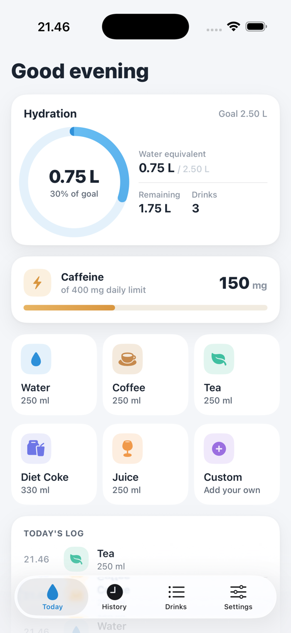 Sipparoo Today screen showing hydration progress, caffeine tracking, quick-add drinks, and today's log.